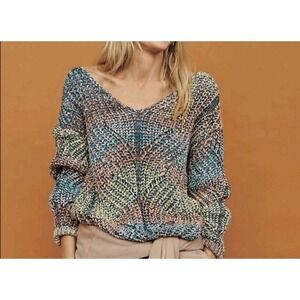 Women's Anthropologie Chroma Chunky Cable Knit Sweater XS Vneck Multicolor